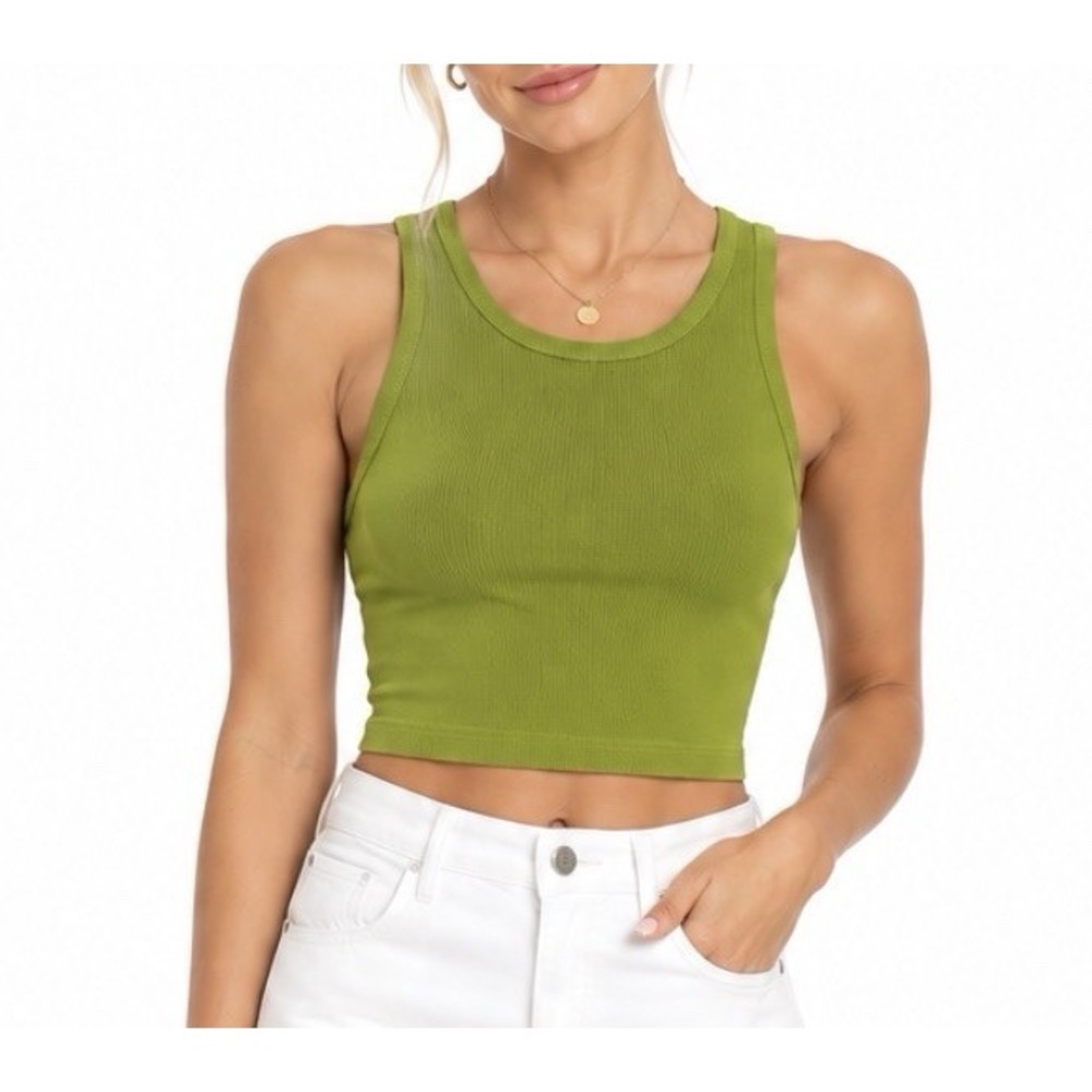 FREE PEOPLE Sage Green Ribbed High Neck Stretch Women's Tank Top Sz M NWT NEW